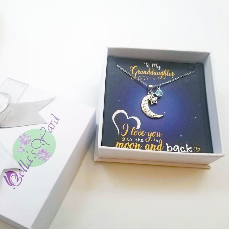 Granddaughter moon and back necklace in box